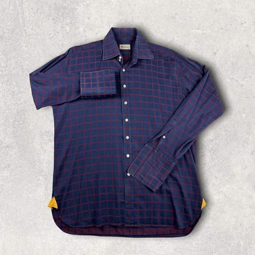 Aquascutum Long Sleeve Shirt Vintage 80s Button Up Navy Burgundy Cufflink Men XL
